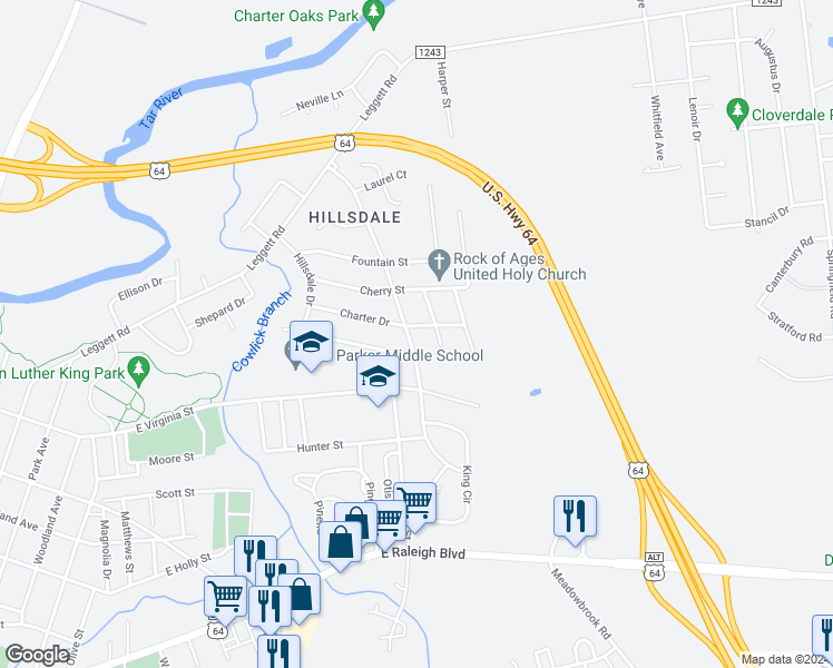 map of restaurants, bars, coffee shops, grocery stores, and more near 1605 Charter Drive in Rocky Mount