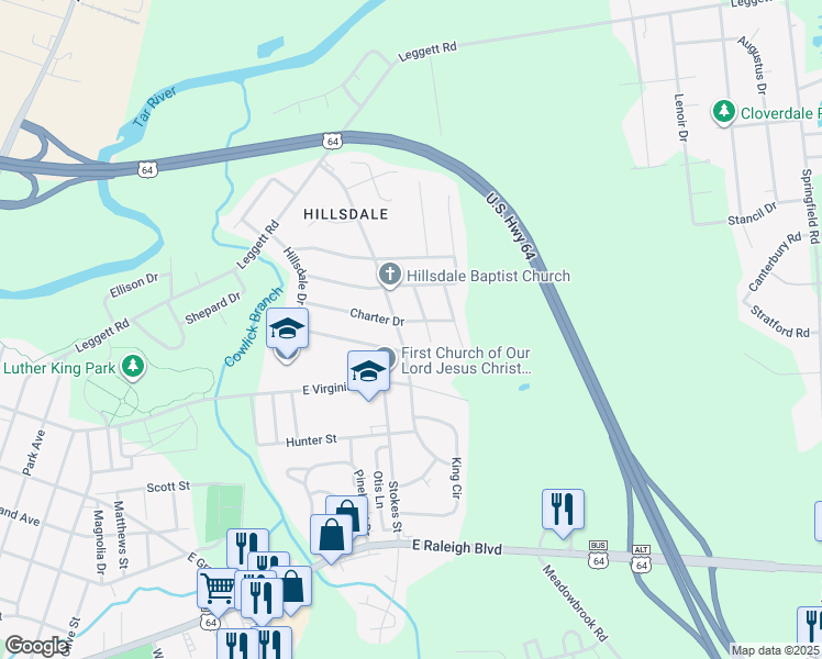 map of restaurants, bars, coffee shops, grocery stores, and more near 1600 Charter Drive in Rocky Mount