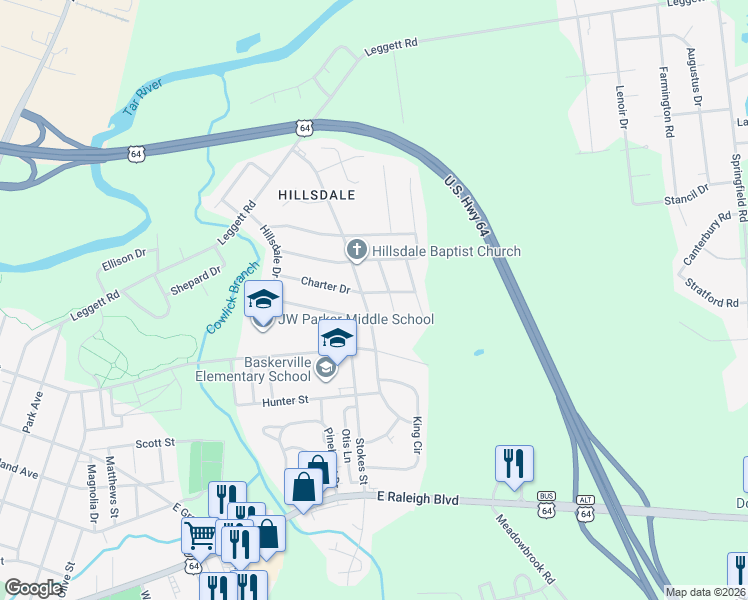map of restaurants, bars, coffee shops, grocery stores, and more near 1600 Charter Drive in Rocky Mount