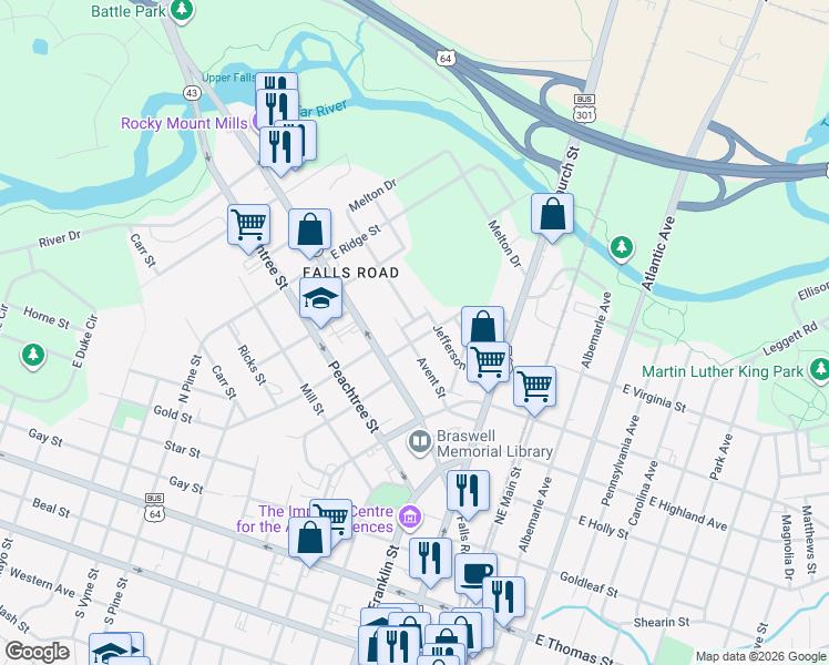 map of restaurants, bars, coffee shops, grocery stores, and more near 615 Jefferson Street in Rocky Mount