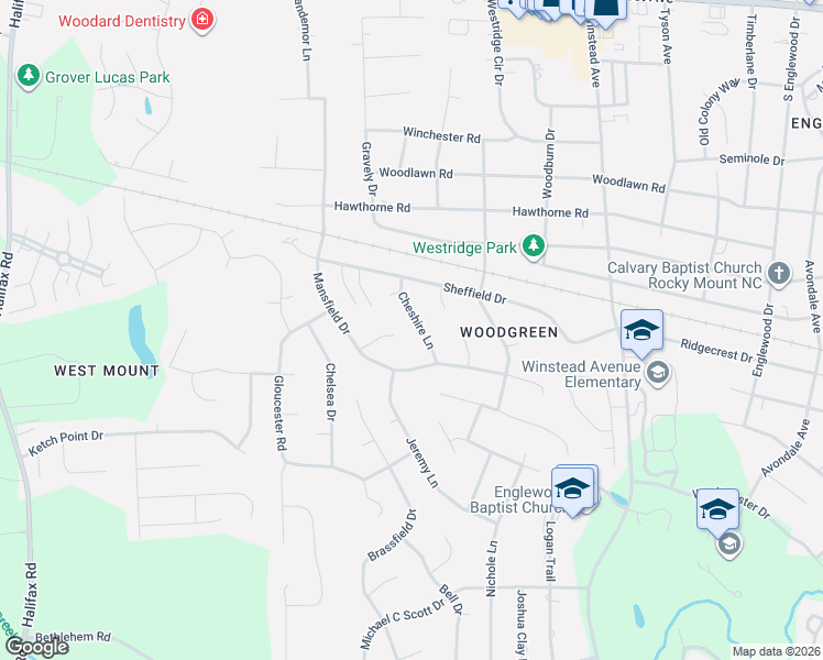 map of restaurants, bars, coffee shops, grocery stores, and more near 1205-1209 Cheshire Lane in Rocky Mount