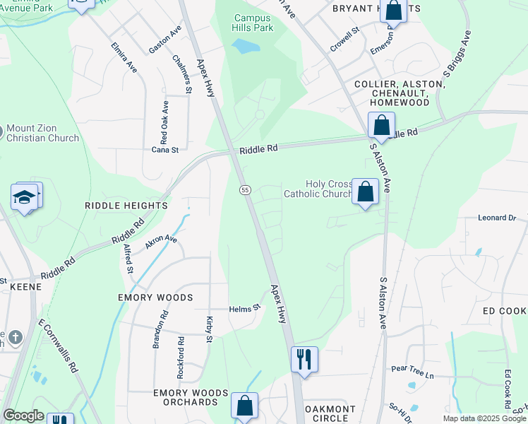 map of restaurants, bars, coffee shops, grocery stores, and more near 1104 Latitude Drive in Durham