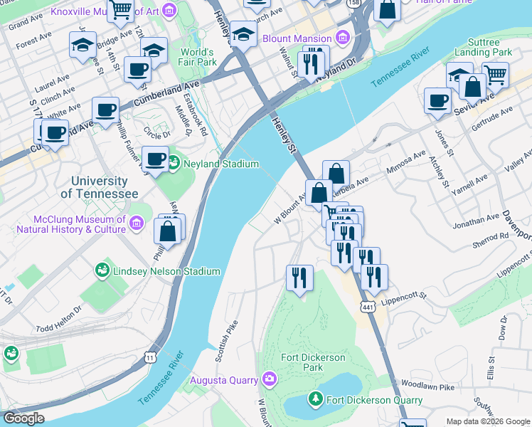 map of restaurants, bars, coffee shops, grocery stores, and more near 445 West Blount Avenue in Knoxville