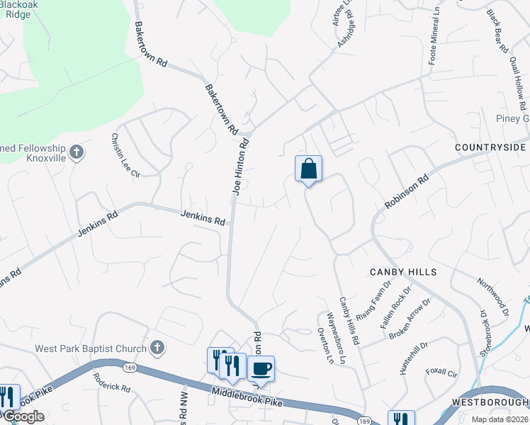 map of restaurants, bars, coffee shops, grocery stores, and more near 1425 Woodpointe Drive in Knoxville
