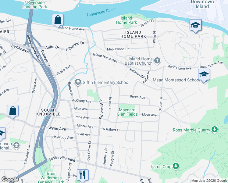 map of restaurants, bars, coffee shops, grocery stores, and more near 2806 Dodd Street in Knoxville