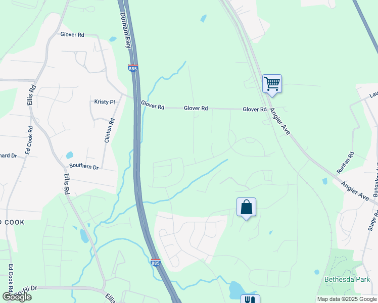 map of restaurants, bars, coffee shops, grocery stores, and more near 3718 Esther Drive in Durham
