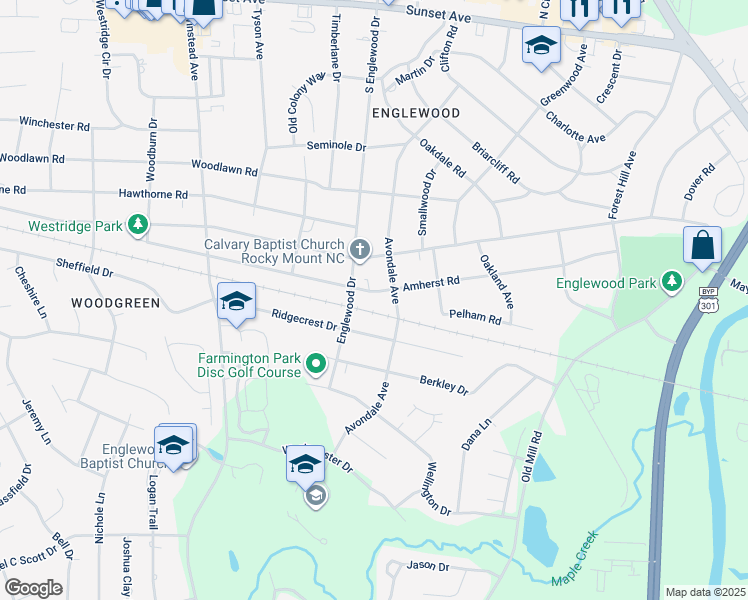 map of restaurants, bars, coffee shops, grocery stores, and more near 3013 Amherst Road in Rocky Mount