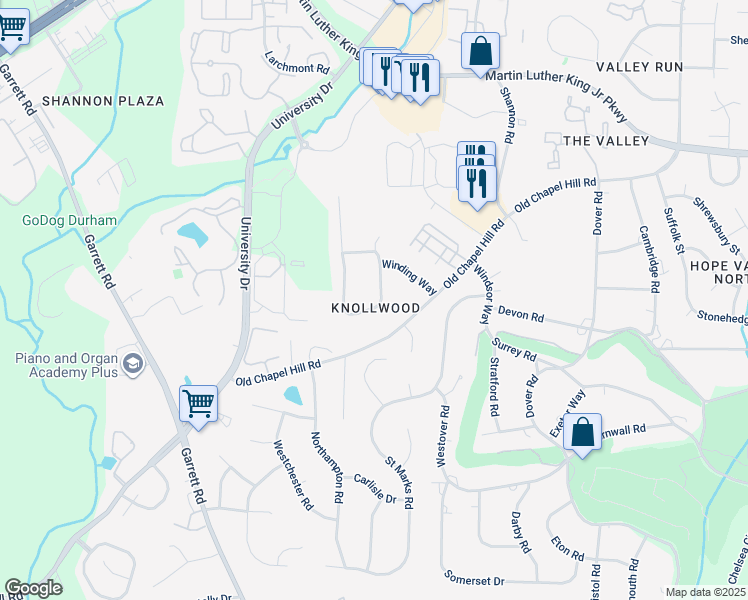 map of restaurants, bars, coffee shops, grocery stores, and more near 4151 Deepwood Circle in Durham