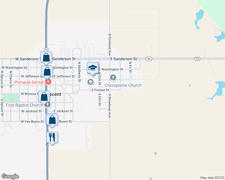 map of restaurants, bars, coffee shops, grocery stores, and more near 804 East Forrest Street in Crescent