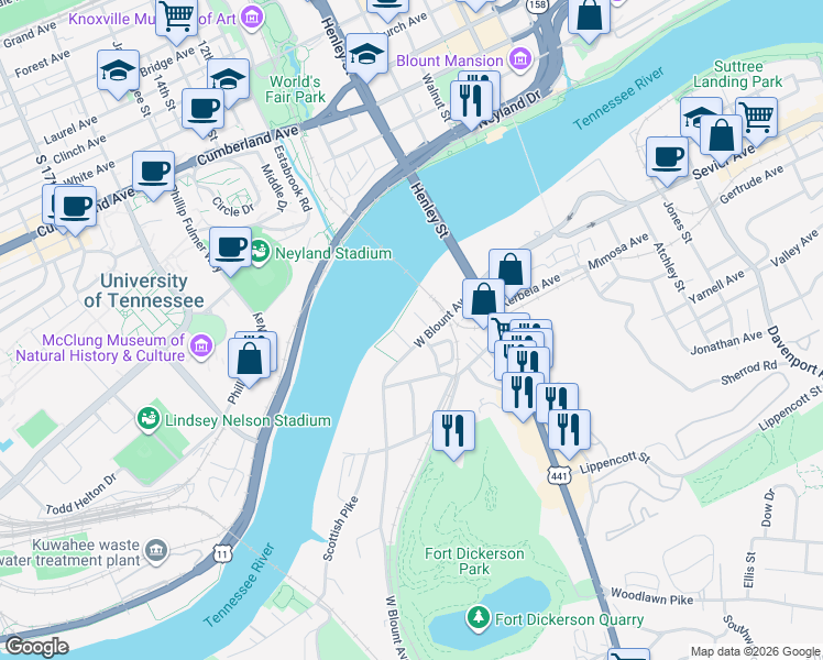 map of restaurants, bars, coffee shops, grocery stores, and more near 445 West Blount Avenue in Knoxville