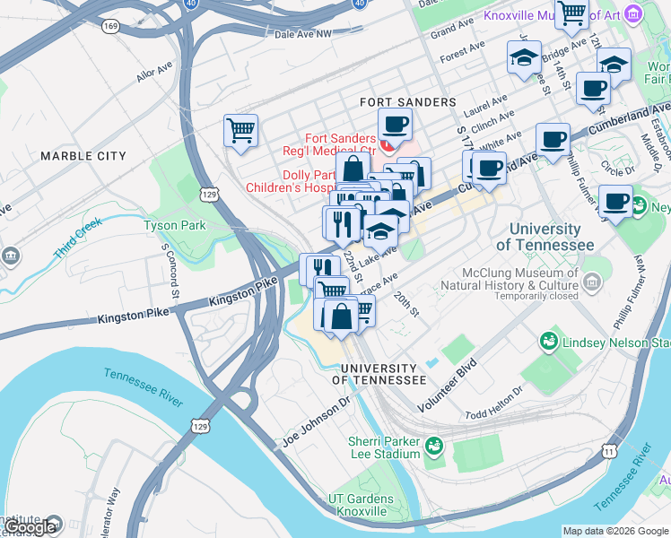 map of restaurants, bars, coffee shops, grocery stores, and more near 2201 Lake Avenue in Knoxville