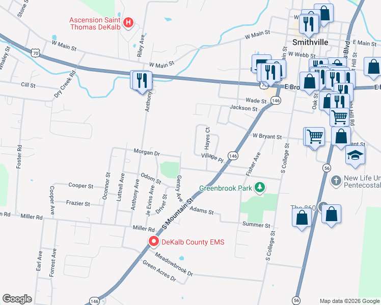 map of restaurants, bars, coffee shops, grocery stores, and more near 140 Village Place in Smithville