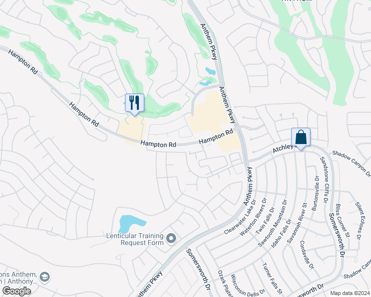 map of restaurants, bars, coffee shops, grocery stores, and more near 2555 Hampton Road in Henderson