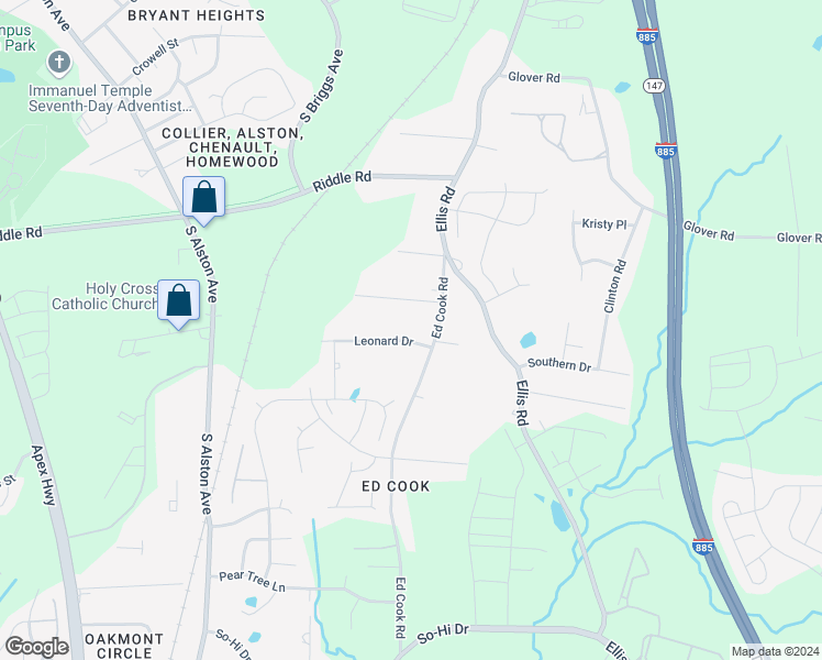 map of restaurants, bars, coffee shops, grocery stores, and more near 1925 Leonard Drive in Durham