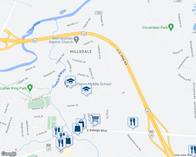 map of restaurants, bars, coffee shops, grocery stores, and more near 1611 Charter Drive in Rocky Mount
