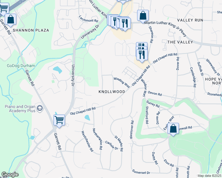 map of restaurants, bars, coffee shops, grocery stores, and more near 4151 Deepwood Circle in Durham