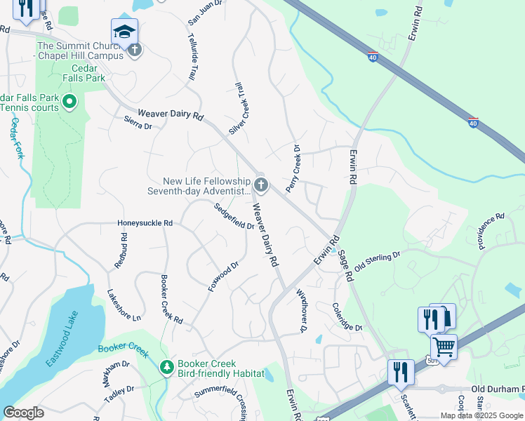 map of restaurants, bars, coffee shops, grocery stores, and more near 160 Weaver Dairy Road in Chapel Hill