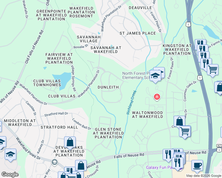 map of restaurants, bars, coffee shops, grocery stores, and more near 12504 Ribbongrass Court in Raleigh