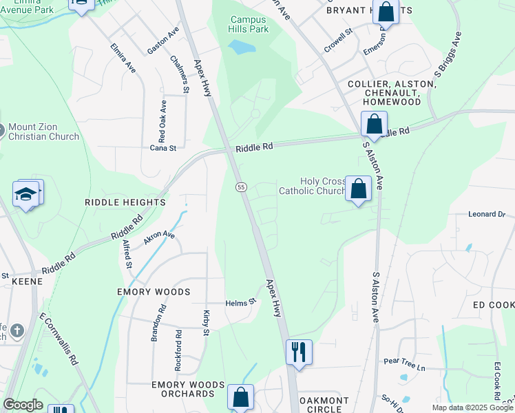 map of restaurants, bars, coffee shops, grocery stores, and more near 1104 Latitude Drive in Durham
