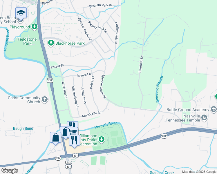 map of restaurants, bars, coffee shops, grocery stores, and more near 242 Spencer Creek Road in Franklin