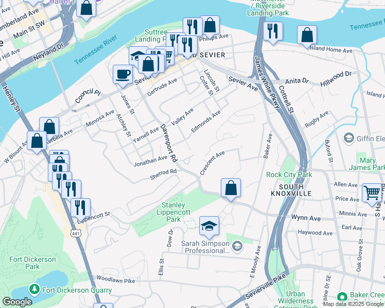 map of restaurants, bars, coffee shops, grocery stores, and more near 925 Knotty Oak Way in Knoxville