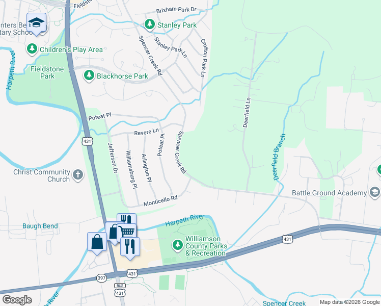 map of restaurants, bars, coffee shops, grocery stores, and more near 242 Spencer Creek Road in Franklin
