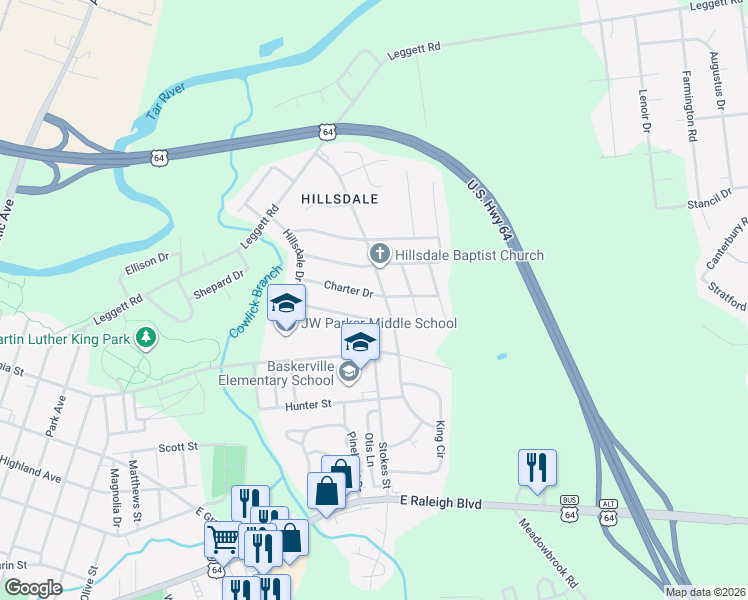 map of restaurants, bars, coffee shops, grocery stores, and more near 1600 Charter Drive in Rocky Mount