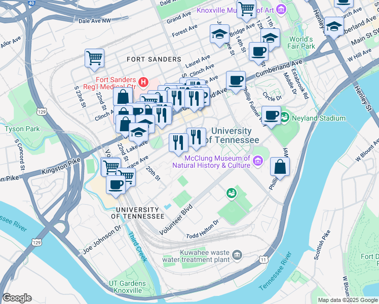 map of restaurants, bars, coffee shops, grocery stores, and more near 1820 Melrose Avenue in Knoxville