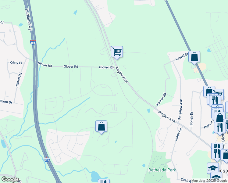 map of restaurants, bars, coffee shops, grocery stores, and more near 3649 Star Gazing Lane in Durham