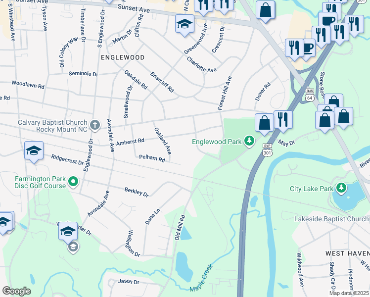 map of restaurants, bars, coffee shops, grocery stores, and more near 810 Stone Drive in Rocky Mount