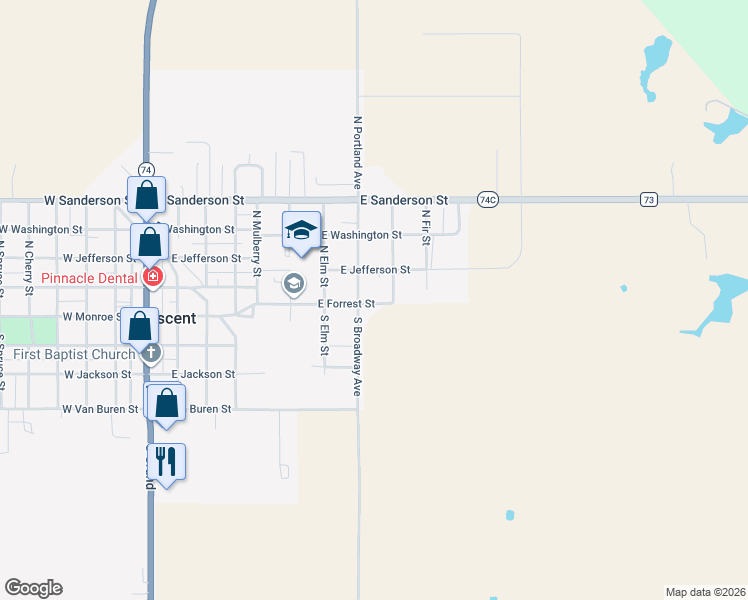 map of restaurants, bars, coffee shops, grocery stores, and more near 808 East Forrest Street in Crescent