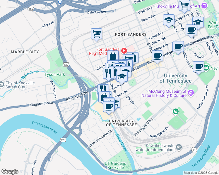 map of restaurants, bars, coffee shops, grocery stores, and more near 2119 Lake Avenue in Knoxville
