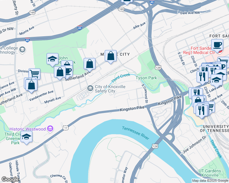 map of restaurants, bars, coffee shops, grocery stores, and more near 2904 Painter Avenue Southwest in Knoxville
