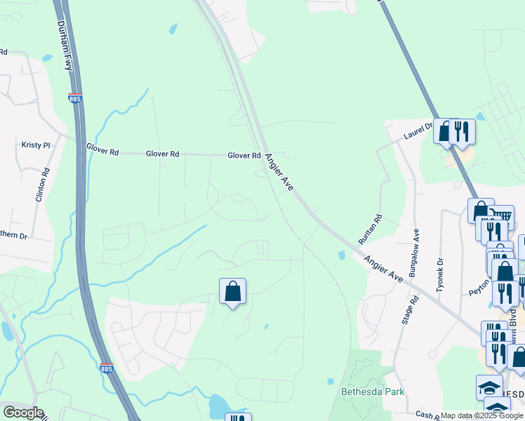 map of restaurants, bars, coffee shops, grocery stores, and more near 3649 Star Gazing Lane in Durham