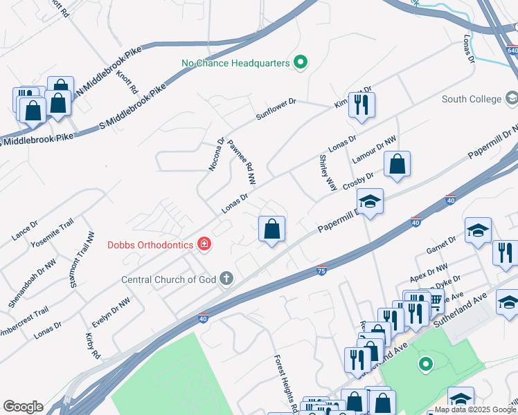map of restaurants, bars, coffee shops, grocery stores, and more near 4705 Lonas Drive in Knoxville