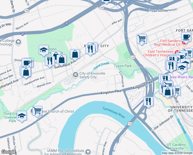 map of restaurants, bars, coffee shops, grocery stores, and more near 2904 Painter Avenue Southwest in Knoxville
