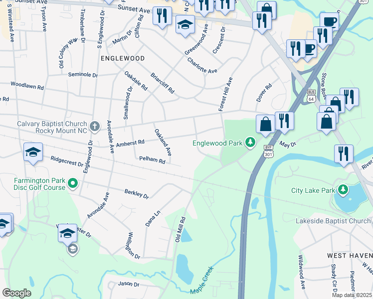 map of restaurants, bars, coffee shops, grocery stores, and more near 810 Stone Drive in Rocky Mount