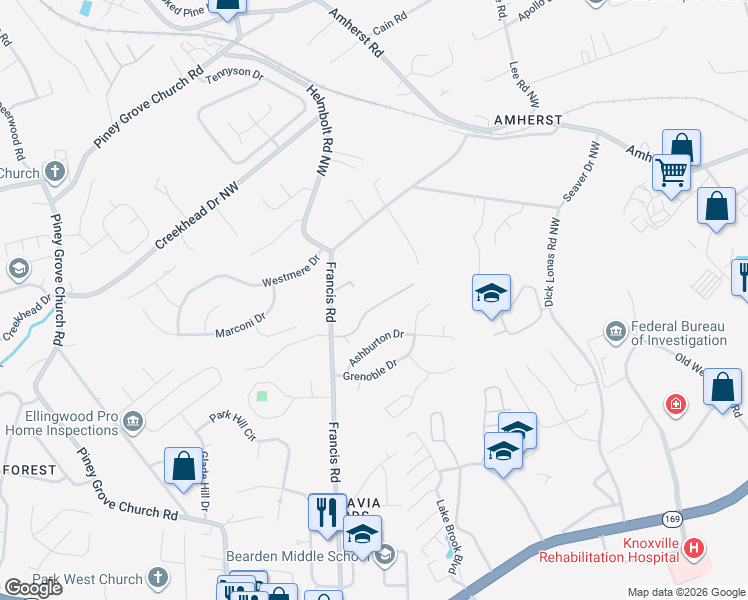 map of restaurants, bars, coffee shops, grocery stores, and more near 1413 Francis Station Drive in Knoxville