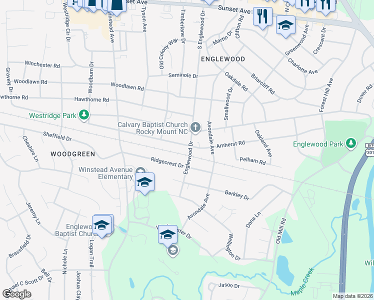 map of restaurants, bars, coffee shops, grocery stores, and more near 3100 Amherst Road in Rocky Mount