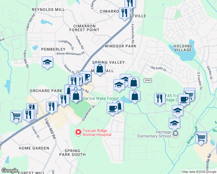 map of restaurants, bars, coffee shops, grocery stores, and more near 1747 Alexander Springs Lane in Wake Forest