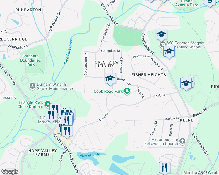 map of restaurants, bars, coffee shops, grocery stores, and more near 3011 Cedarwood Drive in Durham