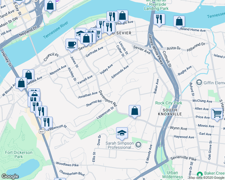 map of restaurants, bars, coffee shops, grocery stores, and more near 925 Knotty Oak Way in Knoxville