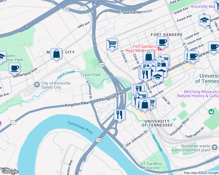 map of restaurants, bars, coffee shops, grocery stores, and more near 2521 Kingston Pike in Knoxville