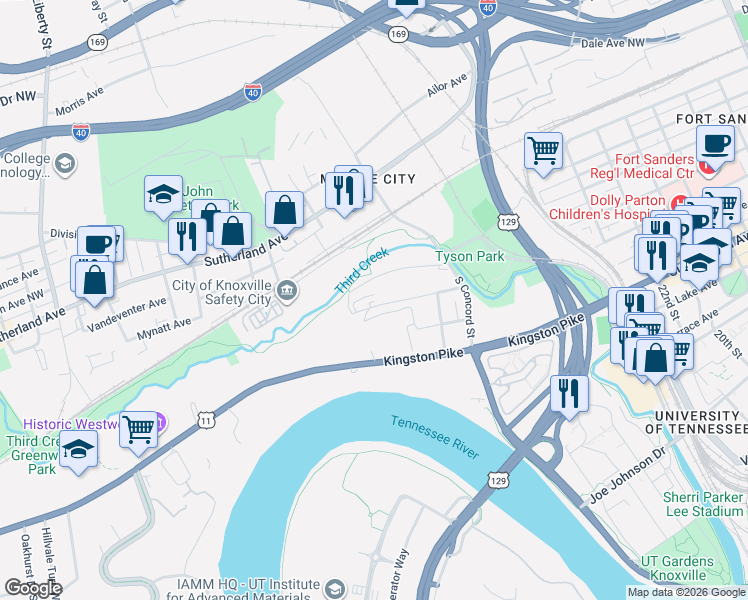map of restaurants, bars, coffee shops, grocery stores, and more near 2904 Painter Avenue Southwest in Knoxville