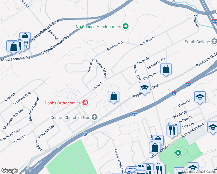 map of restaurants, bars, coffee shops, grocery stores, and more near 4705 Lonas Drive in Knoxville