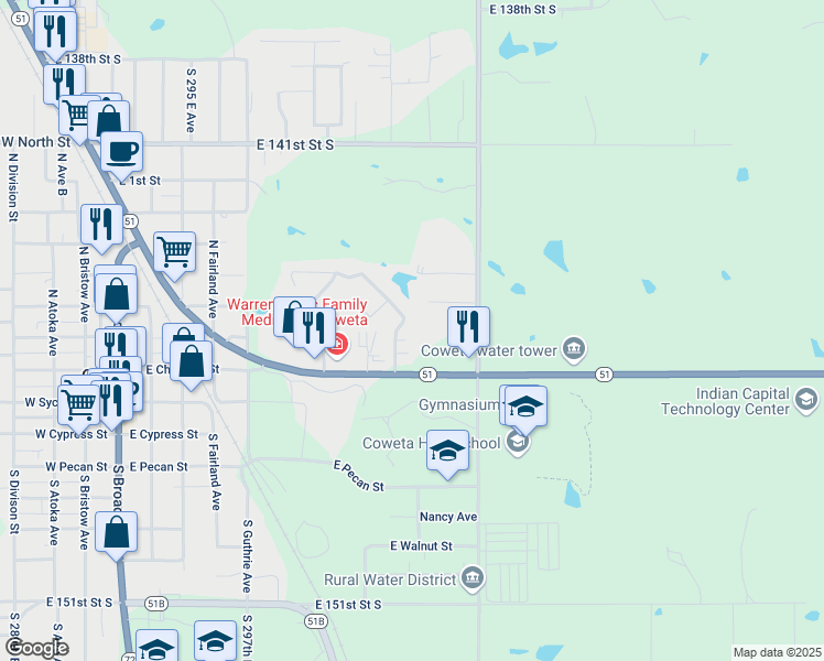 map of restaurants, bars, coffee shops, grocery stores, and more near 30318 East 144th Street in Coweta
