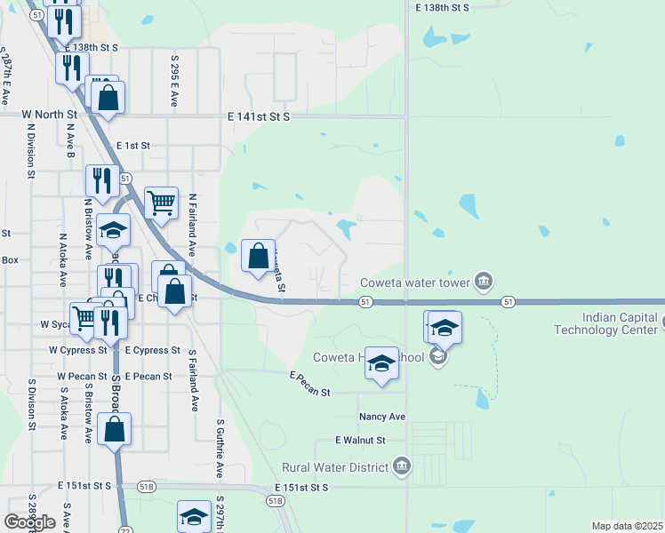 map of restaurants, bars, coffee shops, grocery stores, and more near 14426 South 302nd East Avenue in Coweta