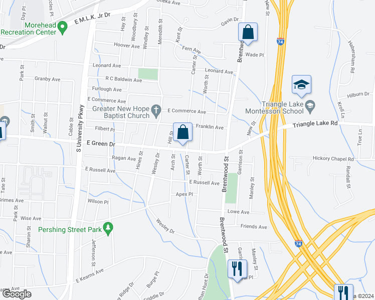 map of restaurants, bars, coffee shops, grocery stores, and more near 1198 Carter Street in High Point