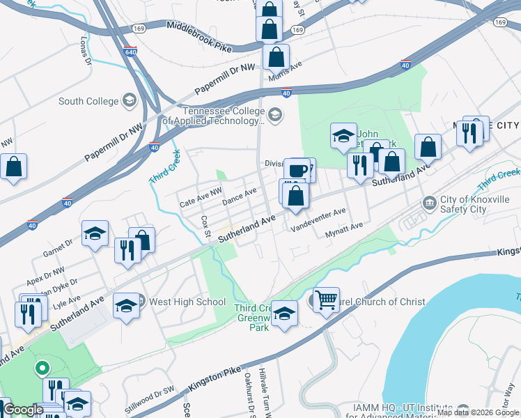 map of restaurants, bars, coffee shops, grocery stores, and more near 3509 Reagan Avenue Northwest in Knoxville