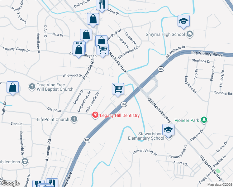 map of restaurants, bars, coffee shops, grocery stores, and more near 401 Lee Victory Parkway in Smyrna